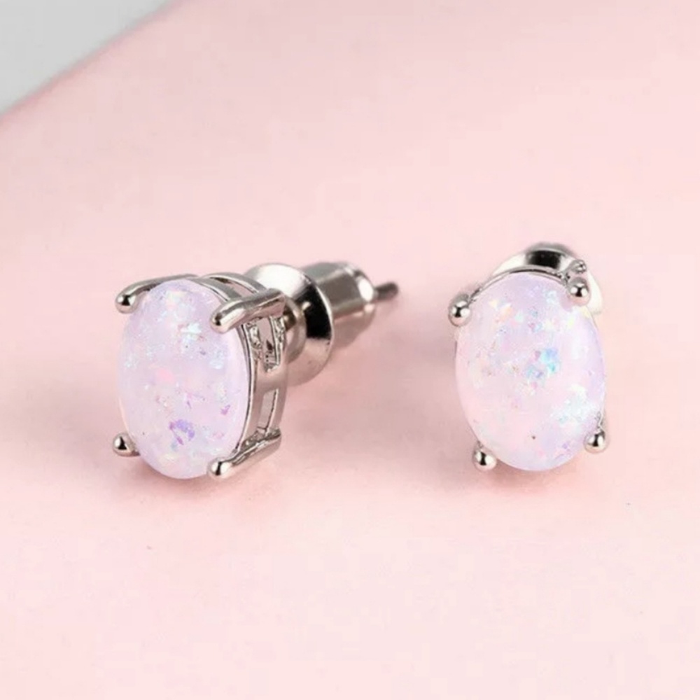 White Fire Opal Oval Stud Earrings